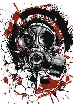 Abstract gas mask with striking black, red, and white elements, including hexagonal shapes and splatter effects vector