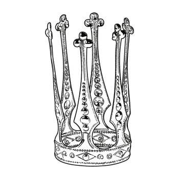 Black and white line art illustration of a crown with clean lines and detailed embellishments vector