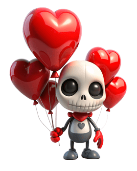 Skeleton holding onto heart balloons with joy on transparent background png