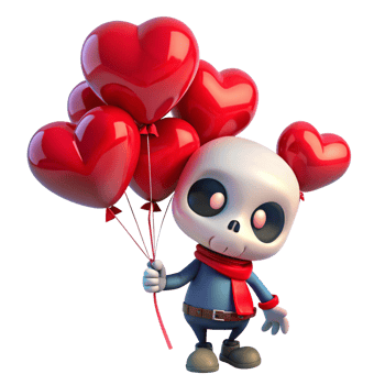Cute and cheerful skeleton showing heart balloons on transparent background png