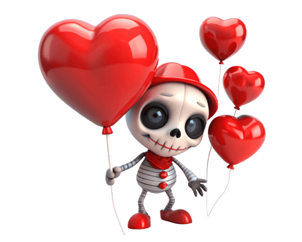 Adorable skeleton flying with big heart shaped balloons on transparent background png