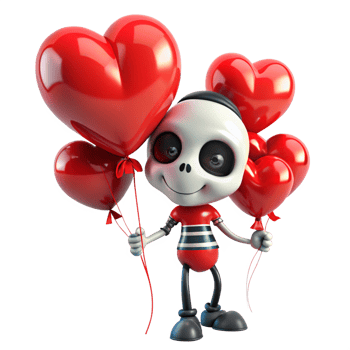 Happy skeleton character bringing love with heart shaped balloons on transparent background png