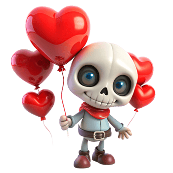 Cute skeleton celebrating romance with heart shaped balloons on transparent background png