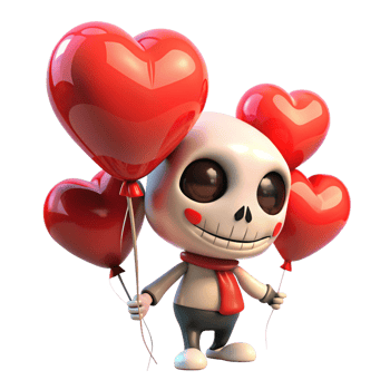 Happy skeleton showcasing heart balloons on transparent background png
