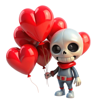 Sweet and smiling skeleton holding love balloons on transparent background png