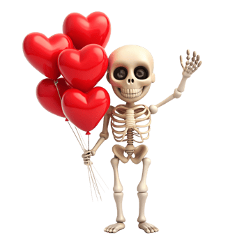 Cute skeleton bringing love with floating heart balloons on transparent background png