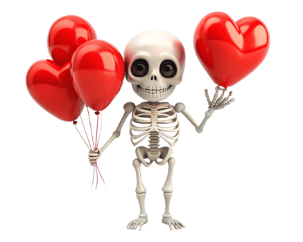 Adorable skeleton happily floating with heart balloons on transparent background png
