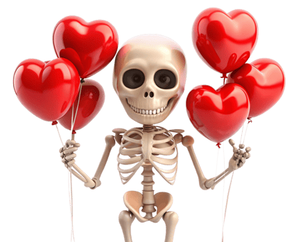 Skeleton character smiling with heart shaped balloons on transparent background png