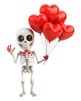 Cartoon skeleton celebrating with heart shaped balloons on transparent background png