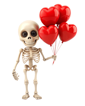 Romantic skeleton holding heart balloons with love on transparent background png