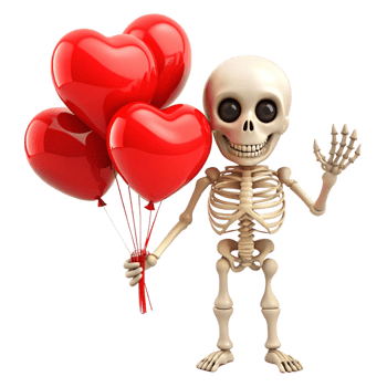 Cute skeleton in joy holding heart balloons on transparent background png