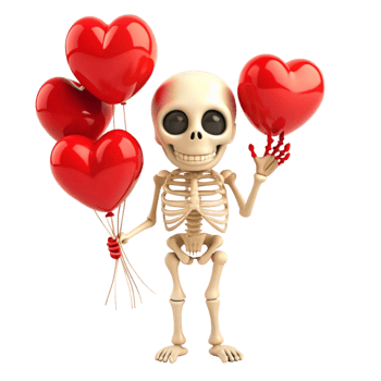 Love-filled skeleton clutching heart balloons on transparent background png