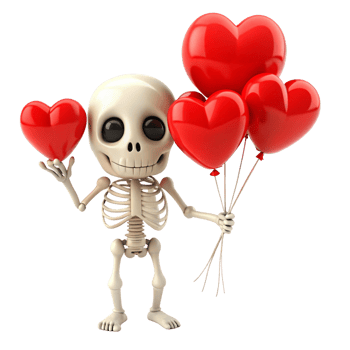 Happy skeleton floating with adorable heart balloons on transparent background png