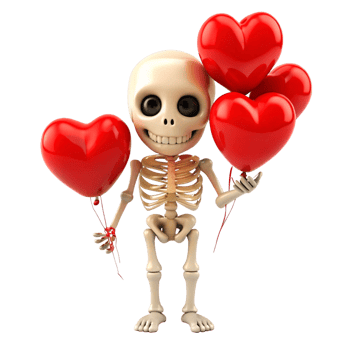 Cute skeleton lifting off with heart shaped balloons on transparent background png