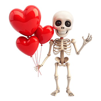 Cute skeleton celebrating love with heart balloons on transparent background png