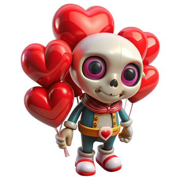 Cartoon skeleton joyfully holding floating heart shaped balloons on transparent background png