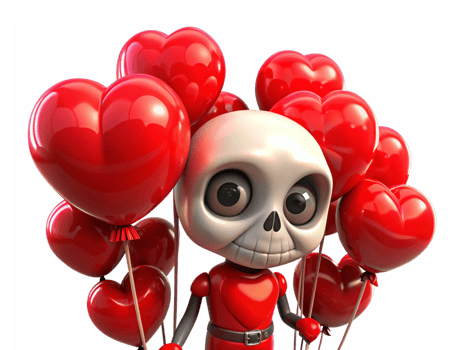 Romantic skeleton with floating heart balloons in hands on transparent background png
