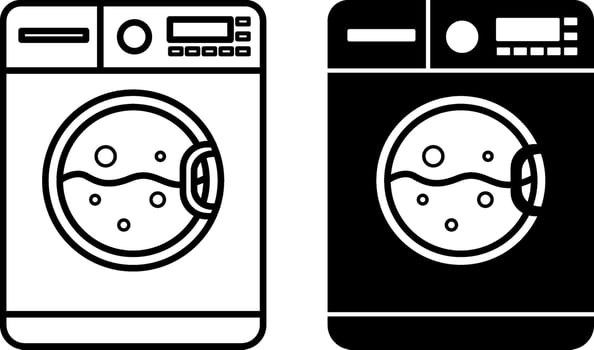 Machine Wash Icons. Black and White Illustration. Washing Clothes in Washing Machine. Sticker, Label. Concept Characteristics of Material vector