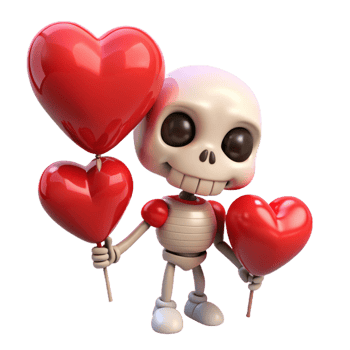 Skeleton joyfully holding floating heart balloons on transparent background png