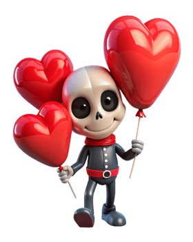Cute skeleton with big red heart balloons on transparent background png
