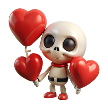 Skeleton character floating with cute heart shaped balloons on transparent background png