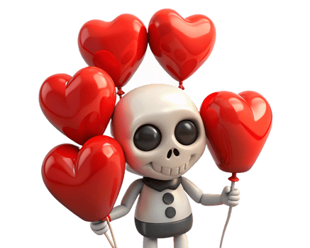 Skeleton smiling with heart shaped balloons in hands on transparent background png