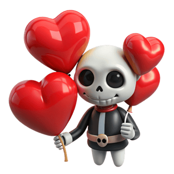 Cute skeleton holding heart balloons with love on transparent background png