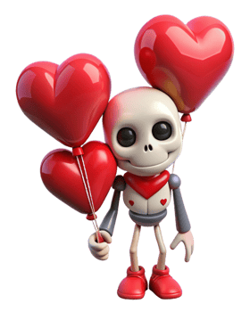Adorable skeleton carrying lovely heart balloons on transparent background png