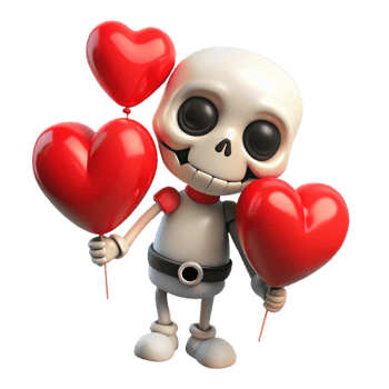 Cute skeleton joyfully flying with heart shaped balloons on transparent background png