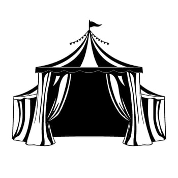 a striking monochromatic illustration of a classic circus tent, showcasing bold striped roof curtained entrance. vector