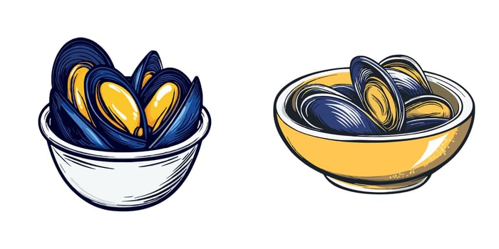Mussels Delight Fresh Seafood in Stylish Bowls vector