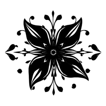 symmetrical black and white floral mandala illustration with intricate petals, ornamental detailing, and a minimalist aesthetic. vector