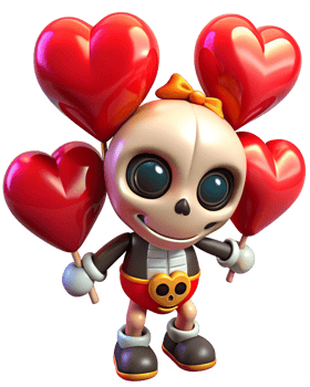 Cute skeleton holding colorful heart balloons on transparent background png