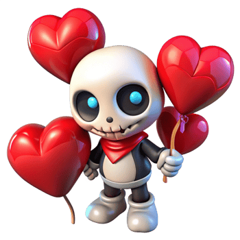 Friendly skeleton with adorable heart balloons on transparent background png