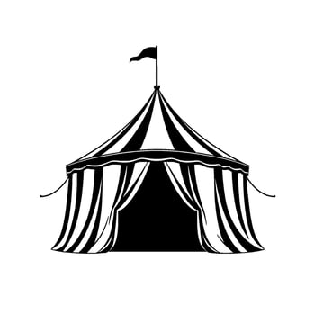 a monochromatic circus tent illustration showcasing its striped canvas, open entrance, and a flag atop, against a clean white backdrop. vector