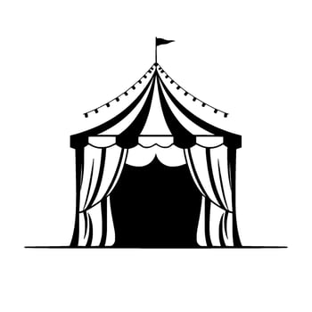 striking black and white illustration of a vintage circus tent, featuring striped canopy, curtains, and a pennant flag atop, evoking nostalgia. vector