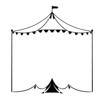 black and white circus tent illustration with a simple , flag on top, and string lights for a decorative element on top. vector