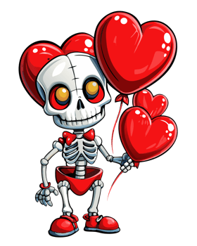 Cartoon skeleton floating with heart balloons on transparent background png