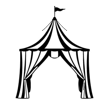 black and white vintage circus tent illustration with flag, striped awning, and curtains. vector