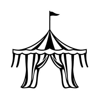 black and white illustration of a circus tent with a pennant, featuring a simplified, bold . vector