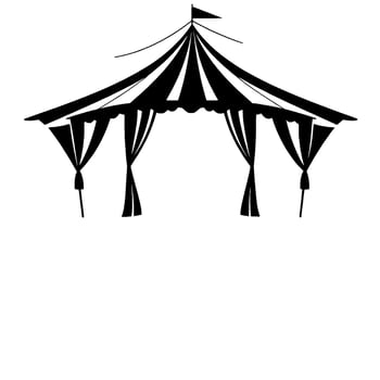 minimalist black and white circus tent silhouette on white background with decorative curtains and pennant. vector