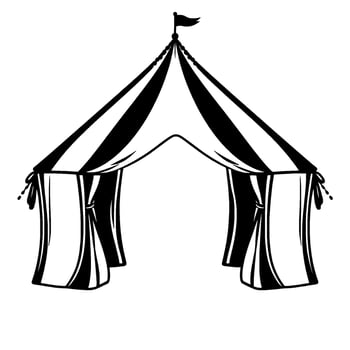 black and white cartoon illustration of a circus tent with striped roof, flag, and draped sides, evoking vintage nostalgia. vector