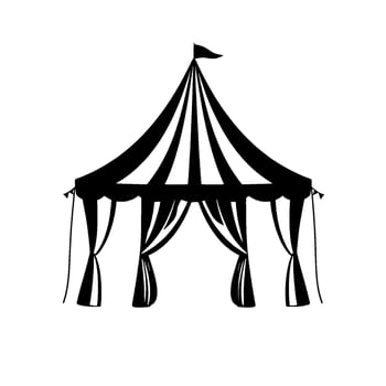 striking black and white silhouette of a classic big top circus tent with flag and draped entryways, simple illustration. vector