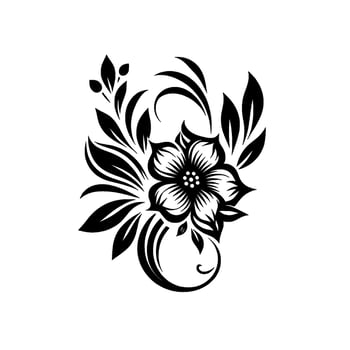 Elegant Black and White Floral with Detailed Petals, Leaves, and Curling Tendrils on a Clean White Background. vector