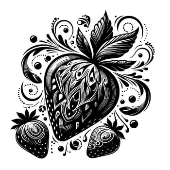 Intricate Black and White Strawberry Illustration with Flourishes, Floral Elements, and Delicate Details. vector