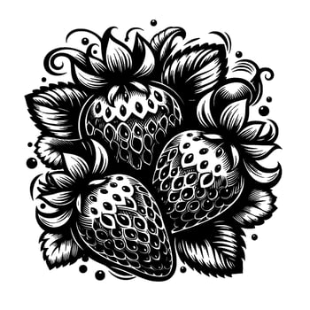 Intricate Black and White Illustration of Three Stylized Strawberries with Floral Elements and Decorative Details. vector
