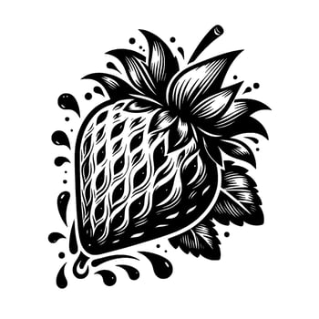Intricate Black and White Strawberry Illustration with Detailed Petals, Leaves, and Ink Splatters on a White Background. vector