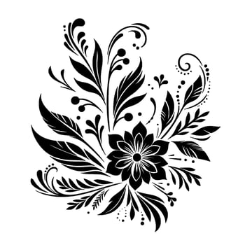 Elegant Black Floral Stylized Flower with Leaves, Vines, and Decorative Elements on White Background. vector