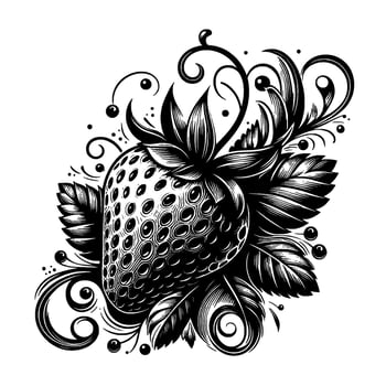 Intricate Black and White Illustration of a Detailed Strawberry with Ornamental Leaves and Swirls on White Background. vector