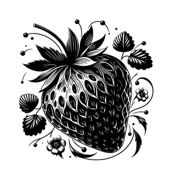 Intricate Black and White Illustration of a Stylized Strawberry with Leaves, Flowers, and Berries on a Clean White Background. vector
